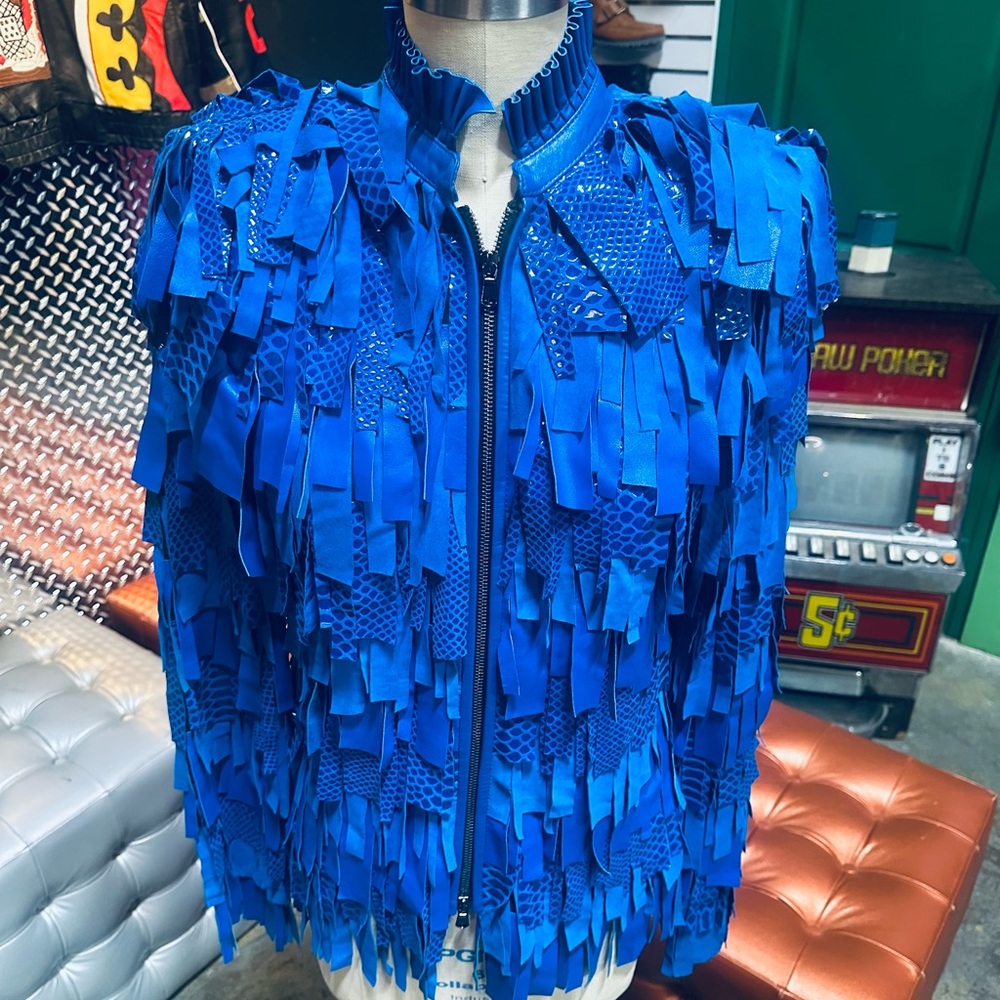 Fancy James Boutique Blue Thick Shaggy Fringe Leather Jacket